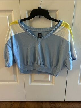 BDG Blue Cropped V-Neck Top with White & Yellow Accents